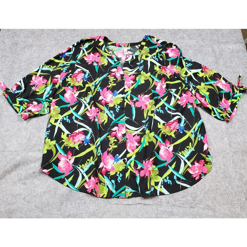 Catherines Top Womens 2X Button Front Half Sleeve Floral Tie Sleeve Tropical